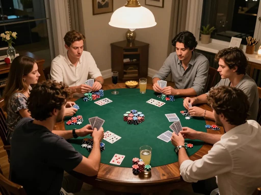 Players enjoying a poker night at home, featuring high-quality chips and cards while discussing Link nhà cái 9bet strategies.