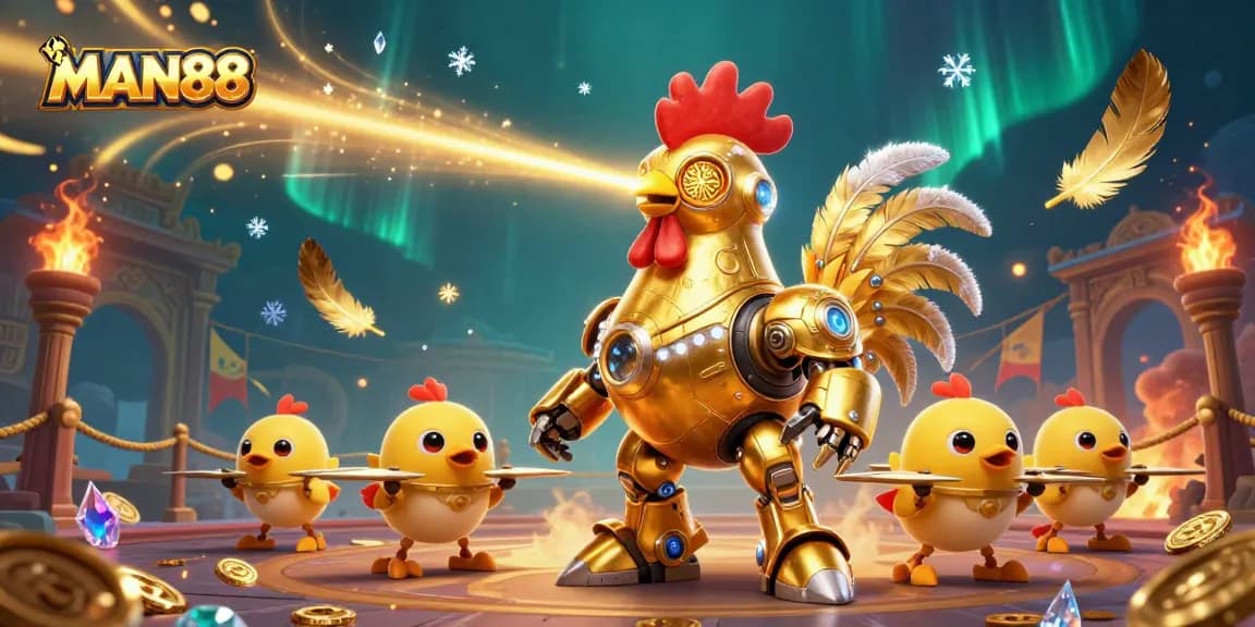Engage in thrilling betting at MAN88 with dynamic casino action featuring a golden rooster robot.