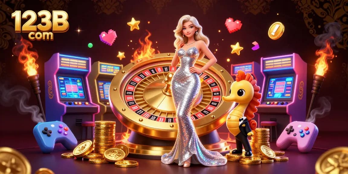 Win big with casino games at 123B com featuring a stunning mermaid, roulette wheel, and gaming elements.