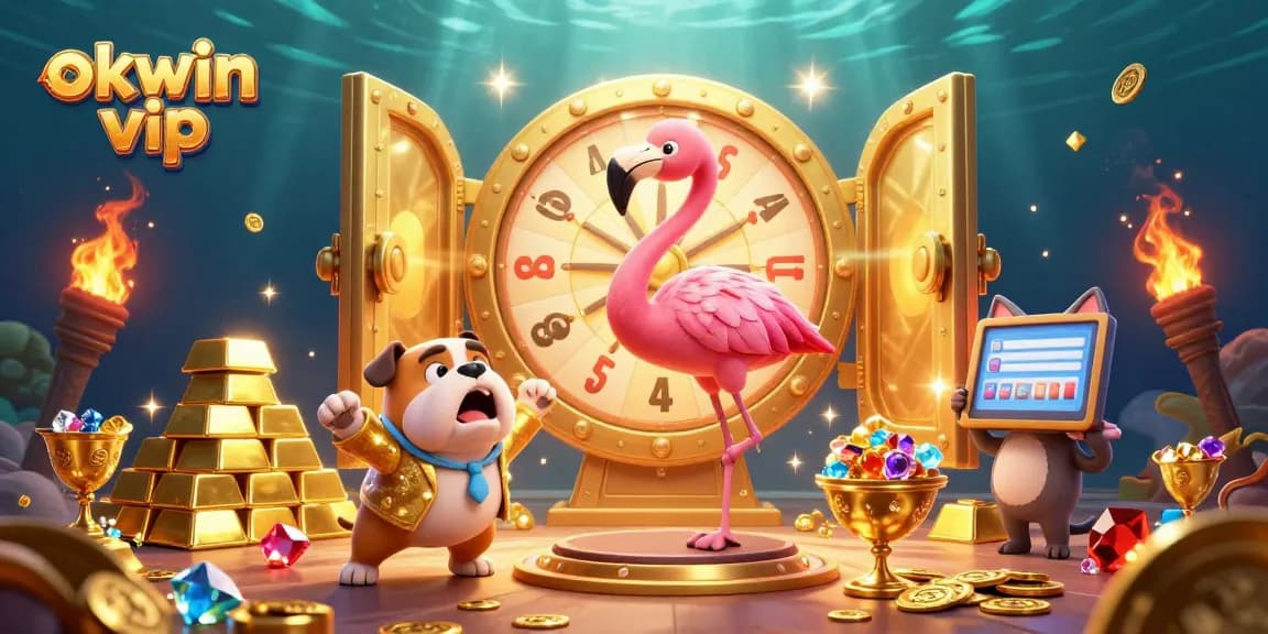 Spin the giant prize wheel with the vibrant okwin vip game show scene full of jewels and gold lighting.