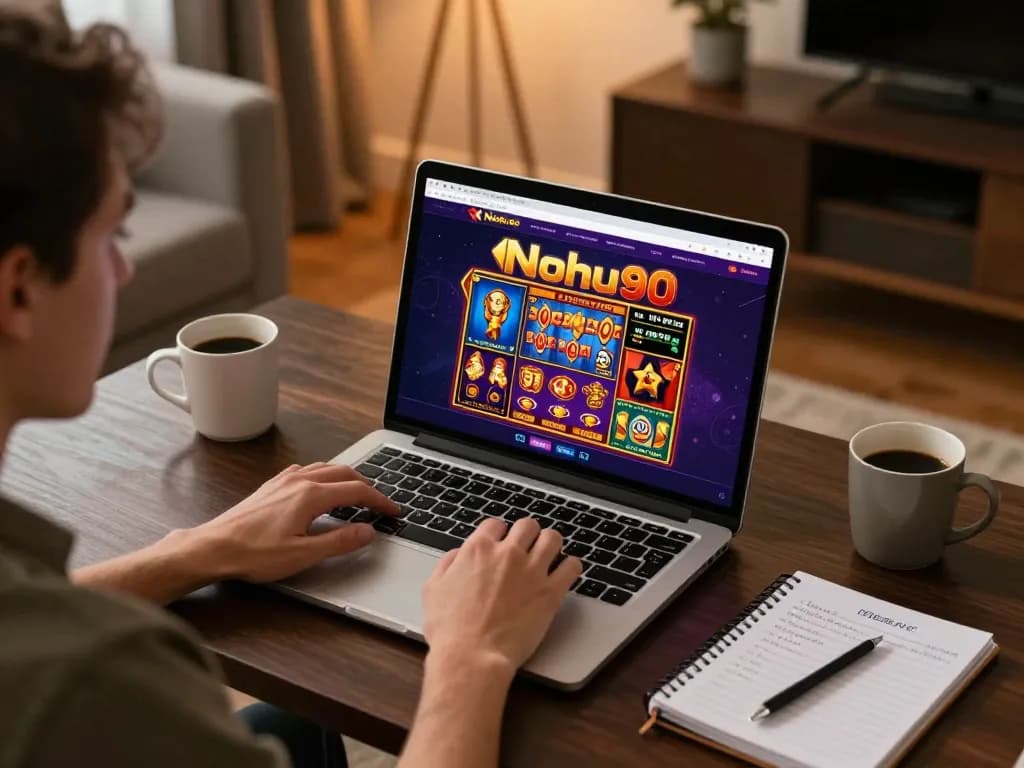 Nohu90 player engaging with online casino games in a modern home setting, showcasing responsible gambling practices.