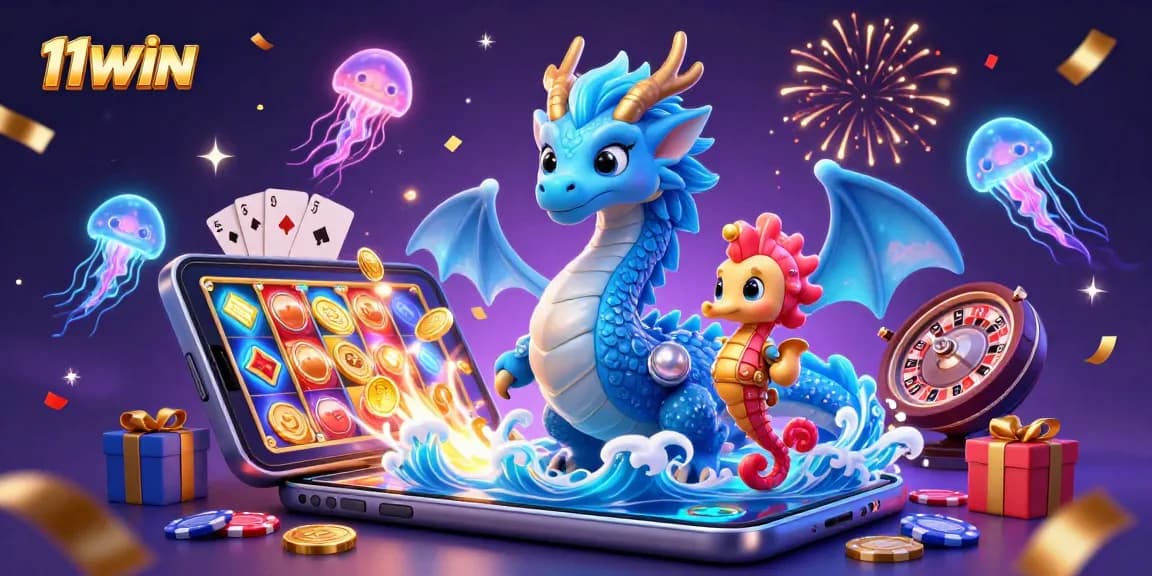 Experience excitement with 11WIN's vibrant casino illustration featuring slot games and colorful characters.