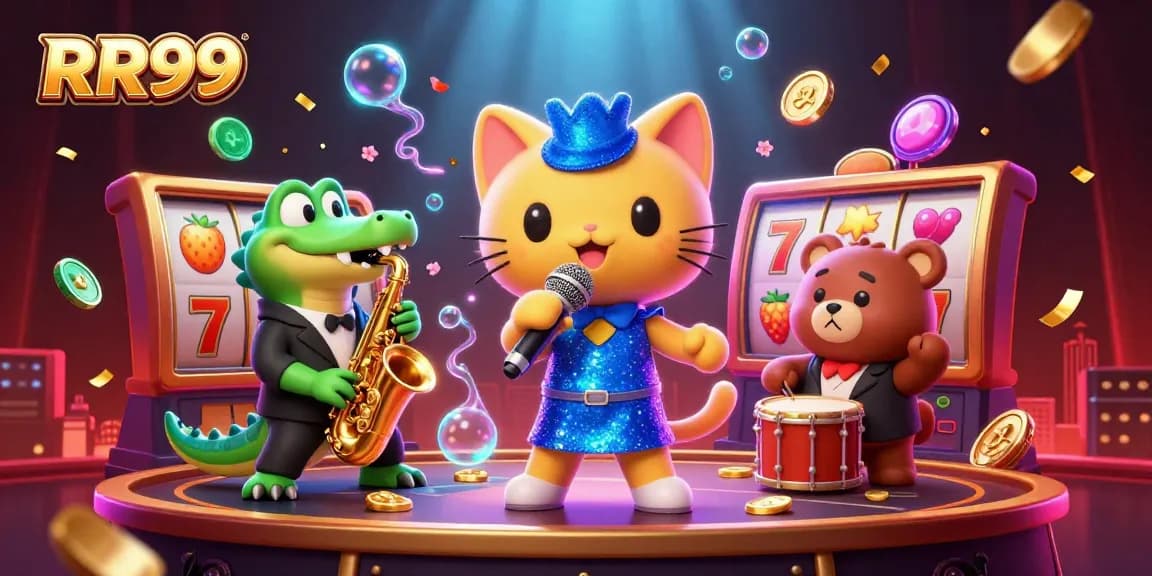 Experience the excitement of RR99 with a jazzy casino scene featuring a cartoon cat, croc, and bear!