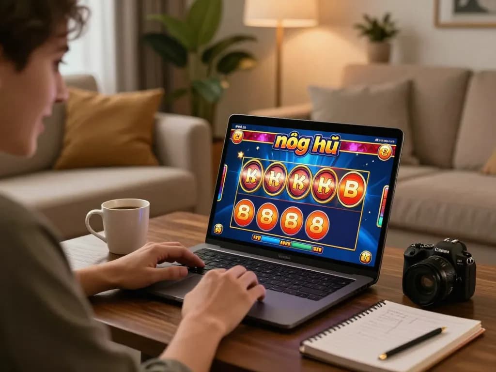 Experience nổ hũ 88vv gameplay on a laptop, showcasing excitement in a cozy home setting.