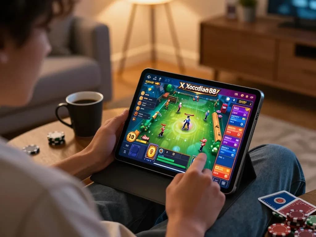 Xocdia88 player strategizing with tablet in a cozy home gaming setup.
