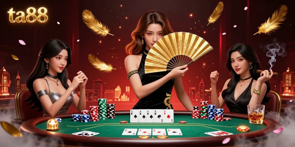 Engage with ta88 as an Asian woman in a stunning velvet dress plays poker amid vibrant casino elements.