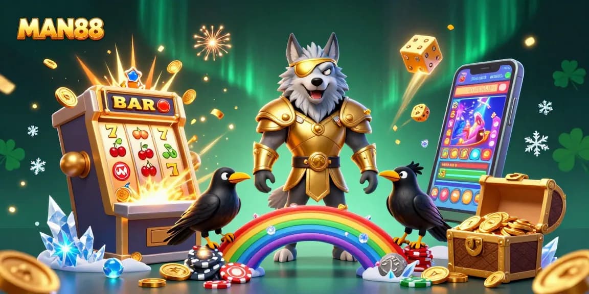 MAN88 players enjoy a thrilling casino experience with Odin, ravens, and vibrant games.