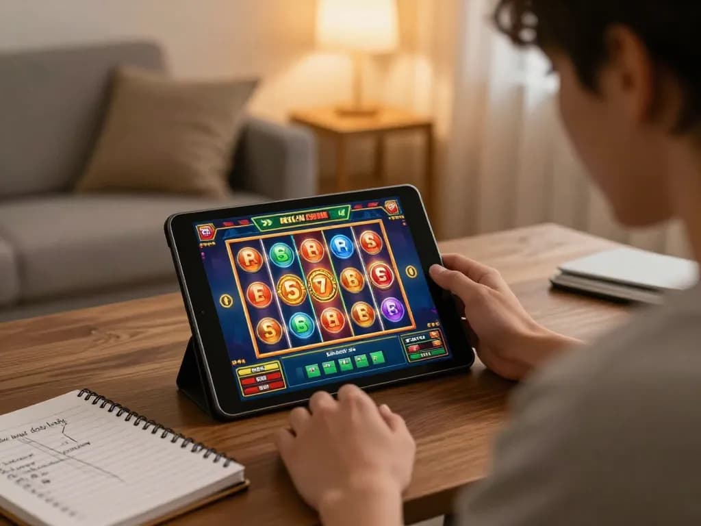 Engaged player exploring tg88 slot games on tablet with strategic notes, in cozy home setting.