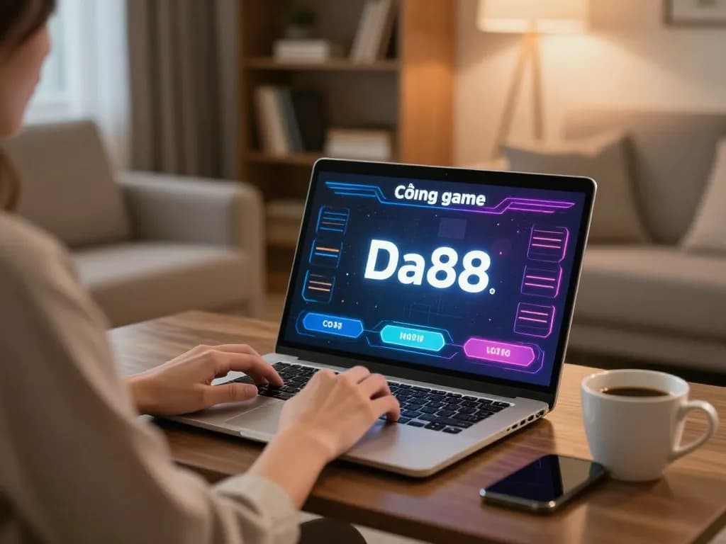 Cổng game Da88 player enjoying a cozy online gaming experience at home with a laptop.