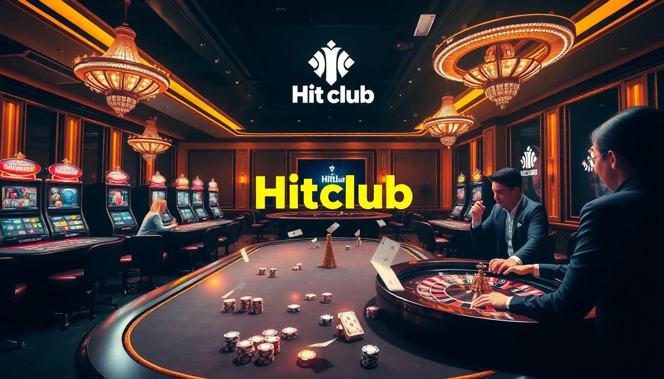 Hitclub players enjoy thrilling gameplay at a glamorous casino setting with poker tables and slots.