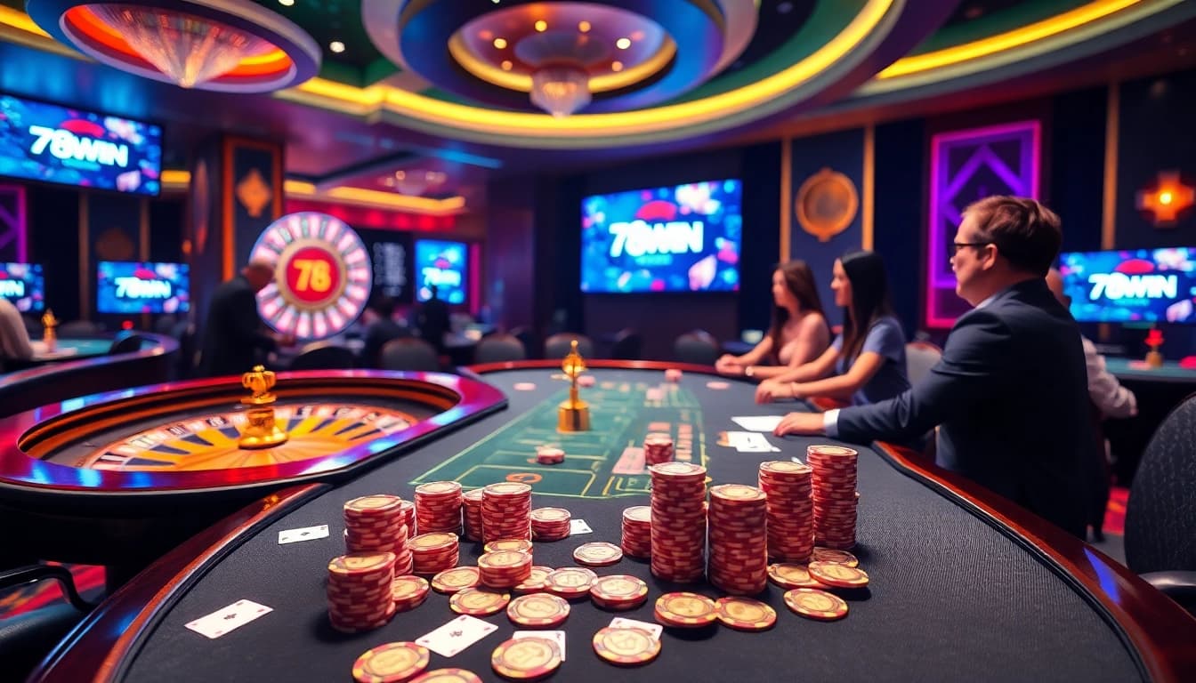 Experience the excitement of gambling with 78WIN at a luxurious casino table filled with cards and chips.