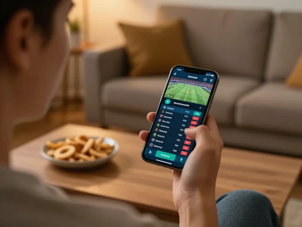 Person engaging with keonhacai5 app for sports betting on a smartphone in a cozy home