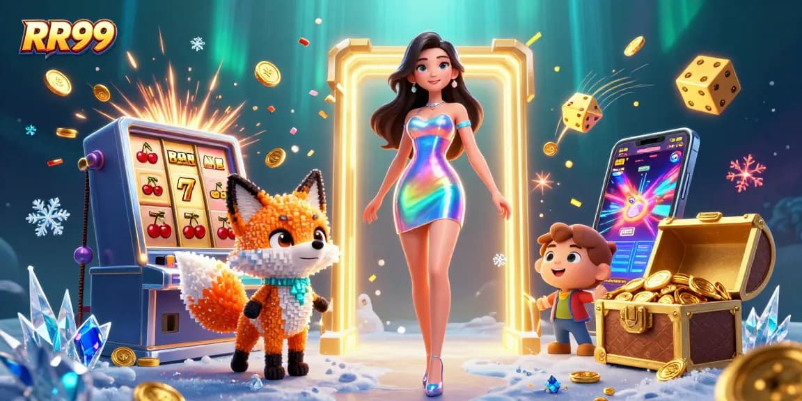 Engage with RR99 in a vibrant casino scene bursting with colors and dynamic gaming elements.