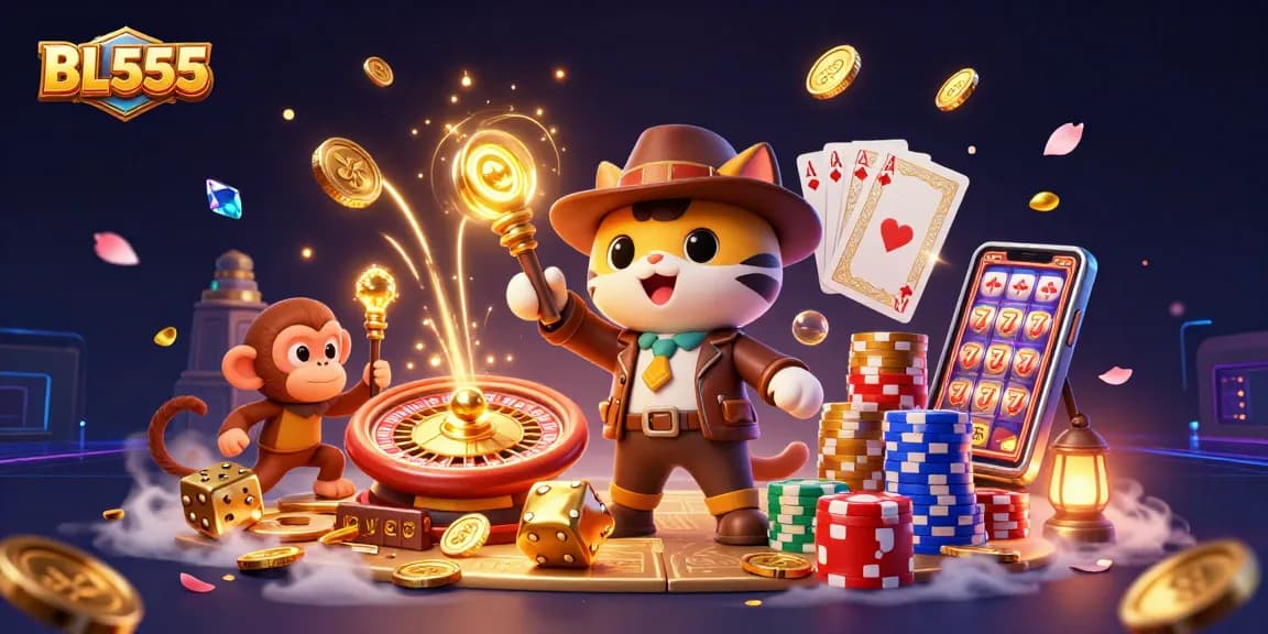 Experience thrilling moments at BL555 with a cartoon explorer cat discovering casino treasures.