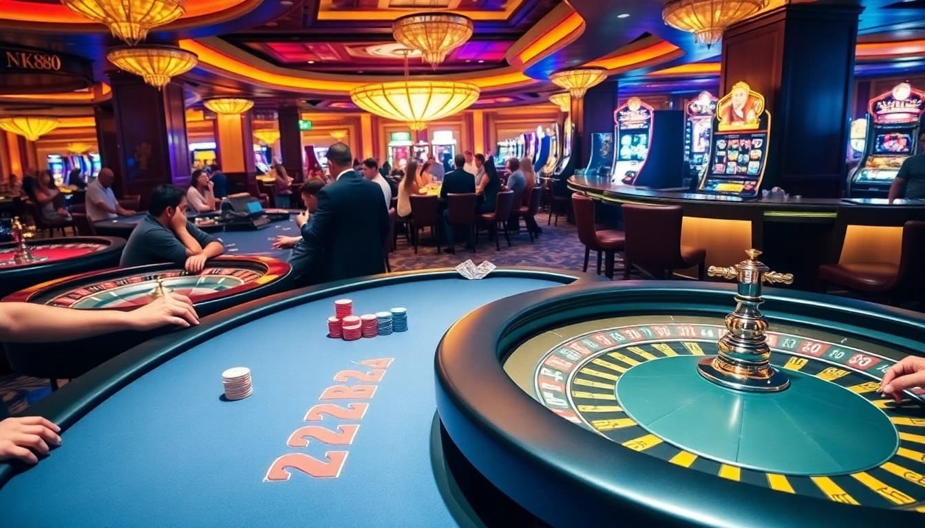 Experience the excitement of NK88 at a luxurious casino with players engaged in high-stakes games.