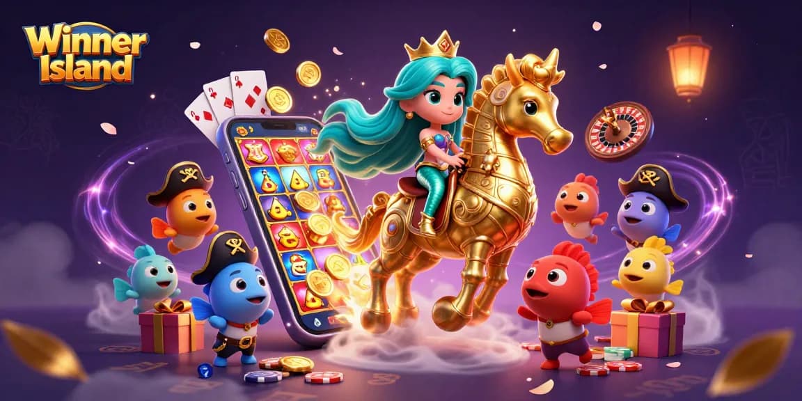 Winner Island casino illustration featuring a mermaid princess and a seahorse amidst vibrant gaming elements.