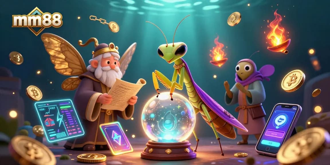 Engage with mm88 casino excitement featuring fortune teller elements, crypto coins, and vibrant game symbols.