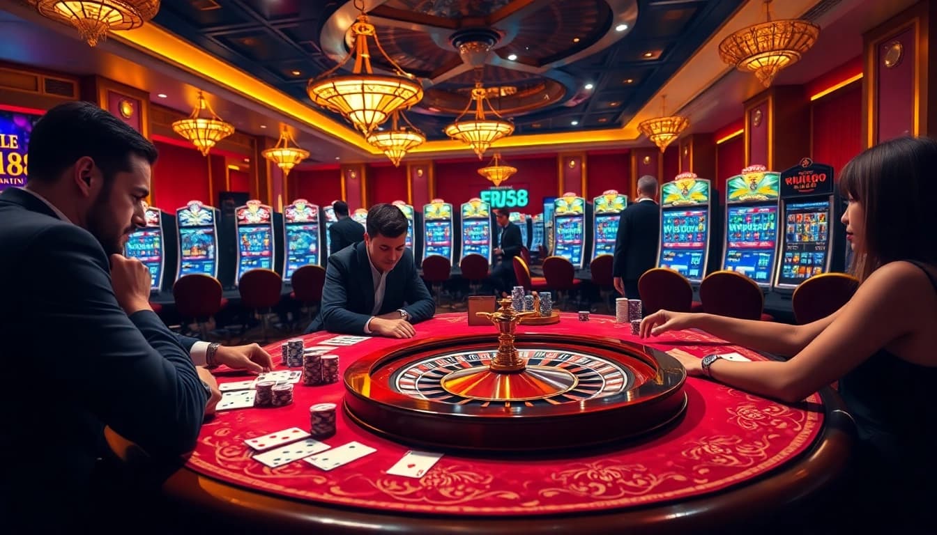 A high-stakes poker game scene at nhà cái ku88, showcasing vibrant casino elements with players in action.