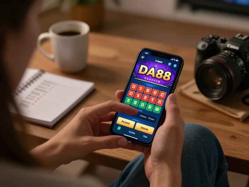 Engaging with DA88 casino app on smartphone from a cozy living room setting during an online gaming session.