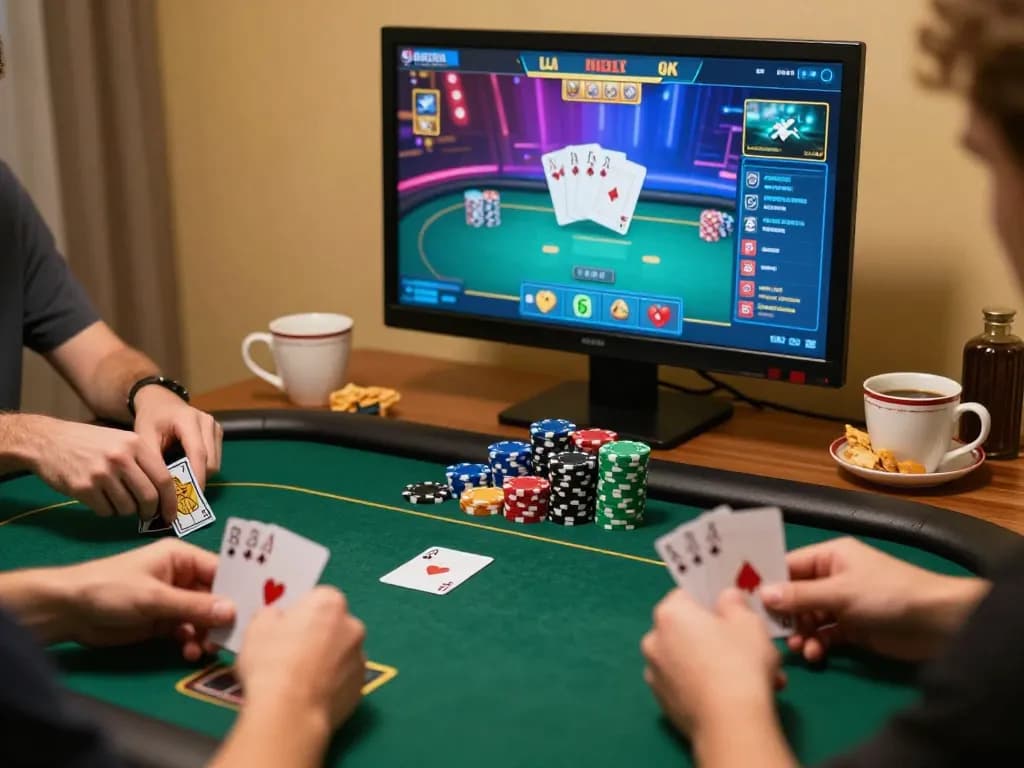 Play online poker at 79king, showcasing excited players and engaging gameplay in a cozy home setup.