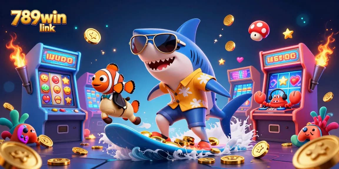 Engage with 789win link in this vibrant 3D casino scene depicting a shark surfing gold coins.