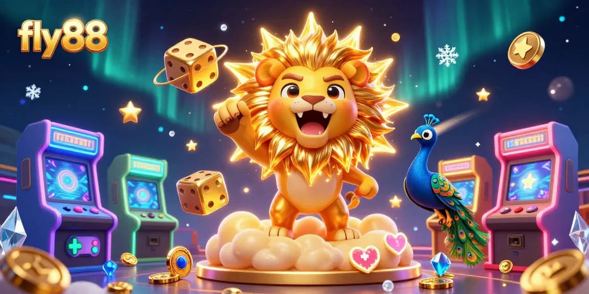 Win big at fly88 with vibrant 3D casino graphics showcasing a roaring lion and dynamic gaming elements.