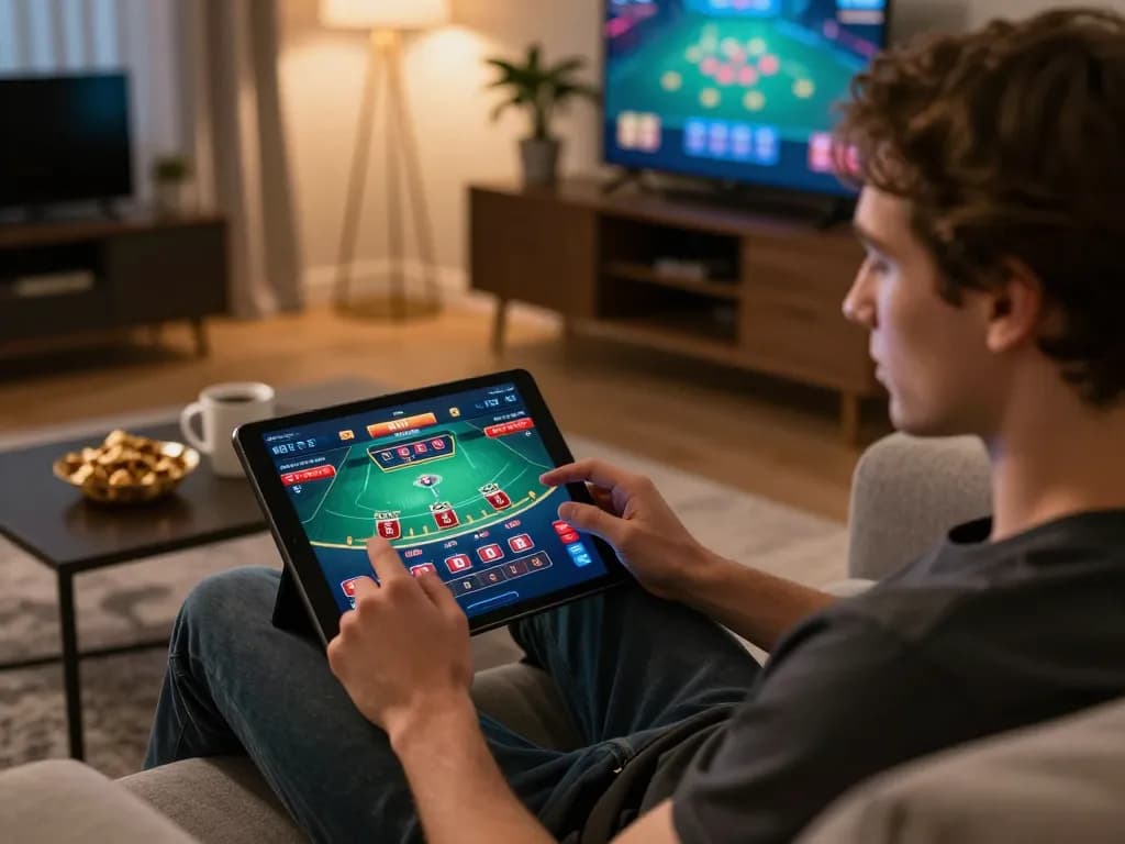 Player enjoying blackjack gameplay on bj88bj online casino app from a cozy home setup