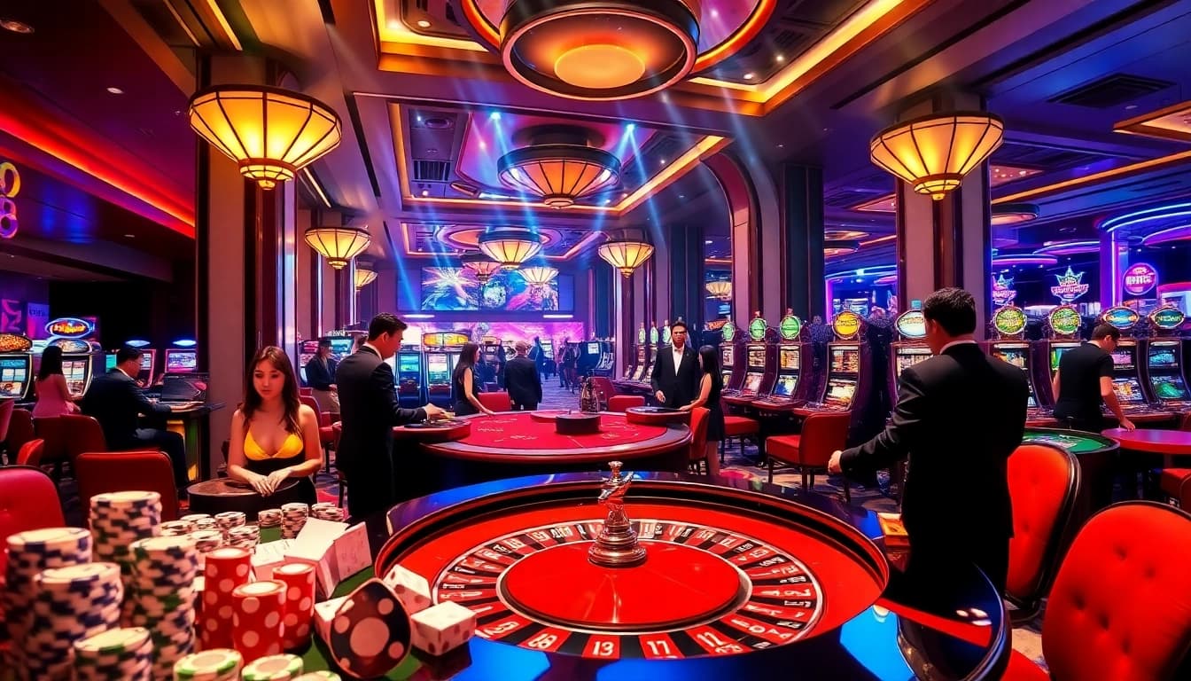 Lively gaming atmosphere at TRANG CHỦ LUCK8 with roulette tables, dealers, and exciting players.