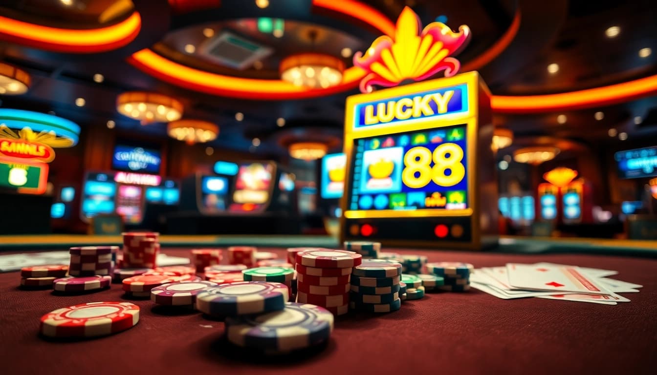 Action at LUCKY88 slot machine with colorful chips and dice in a vibrant casino environment.
