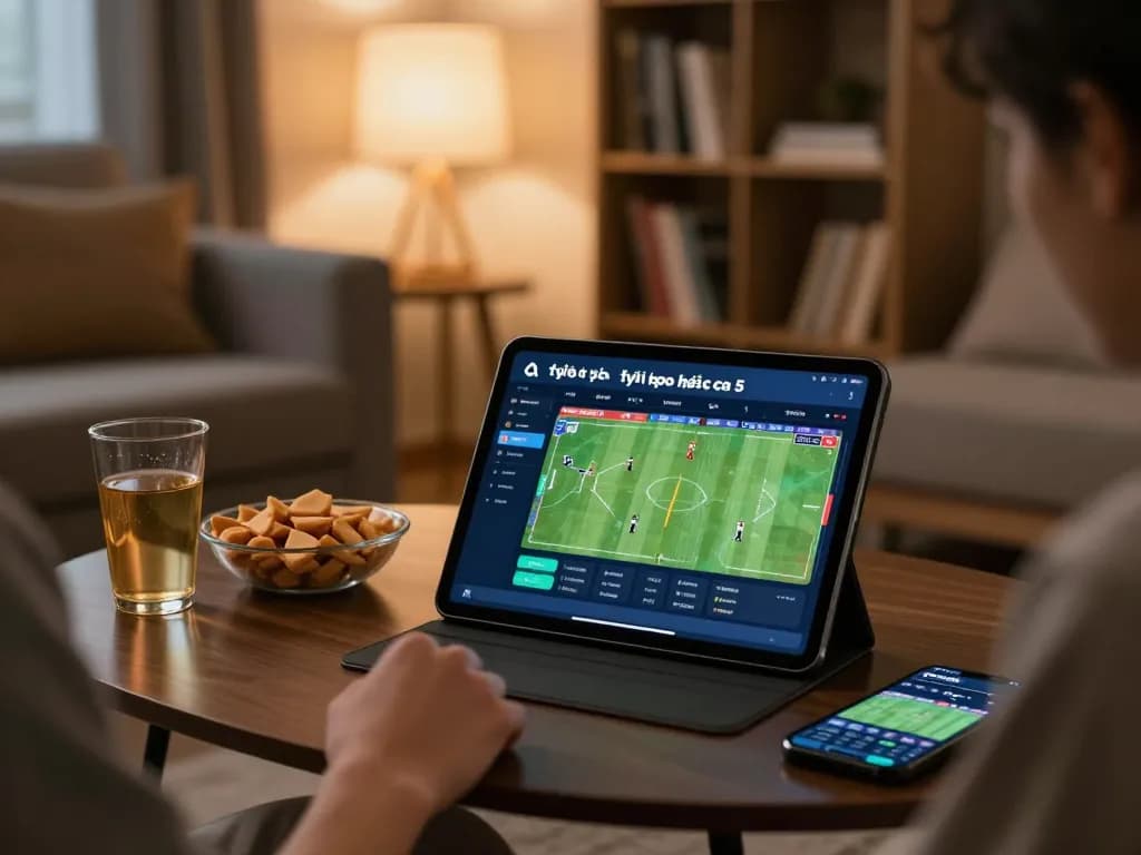 Tỷ lệ kèo nhà cái 5 displayed on a tablet during an engaging online sports betting session at home.