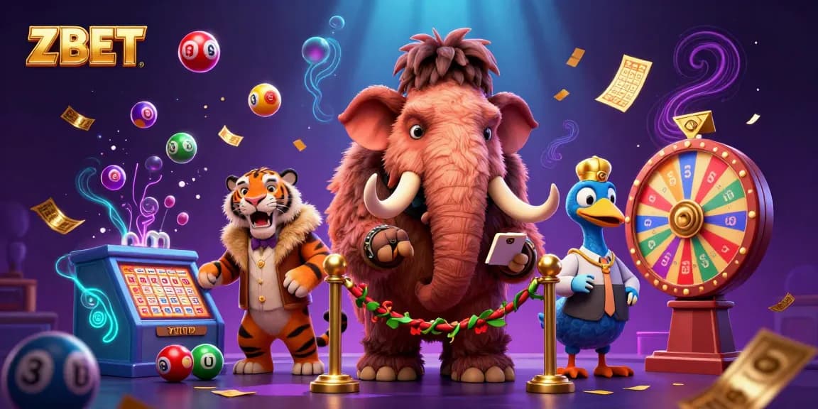 ZBET engages players with vibrant lottery elements and cartoon characters in a bustling casino scene.