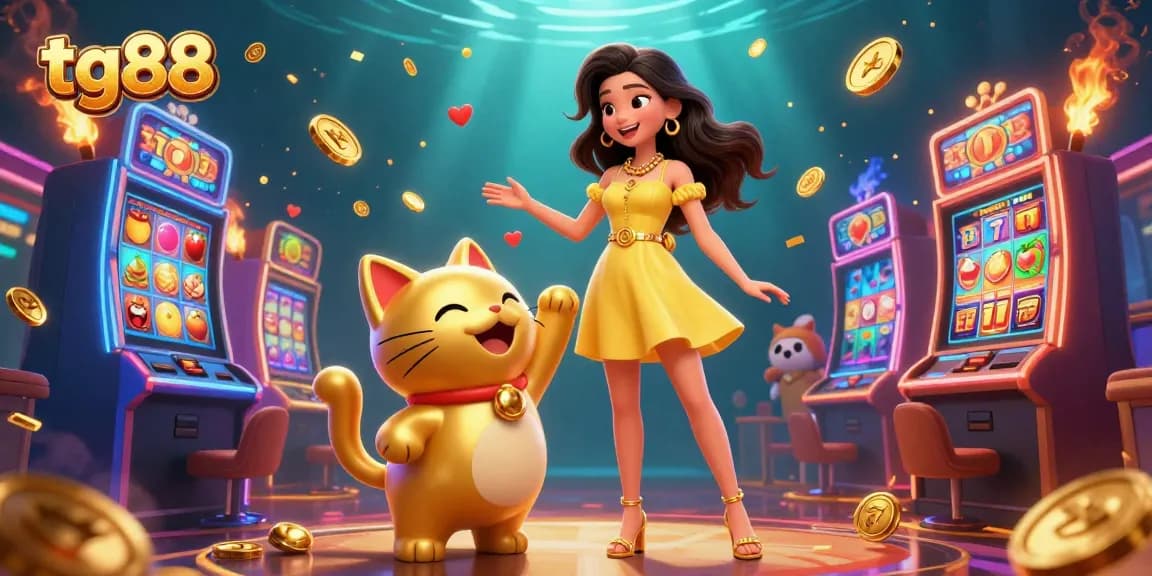 Engage with tg88's lively casino scene filled with a cheerful Asian woman, lucky cat, and vibrant slot machines.