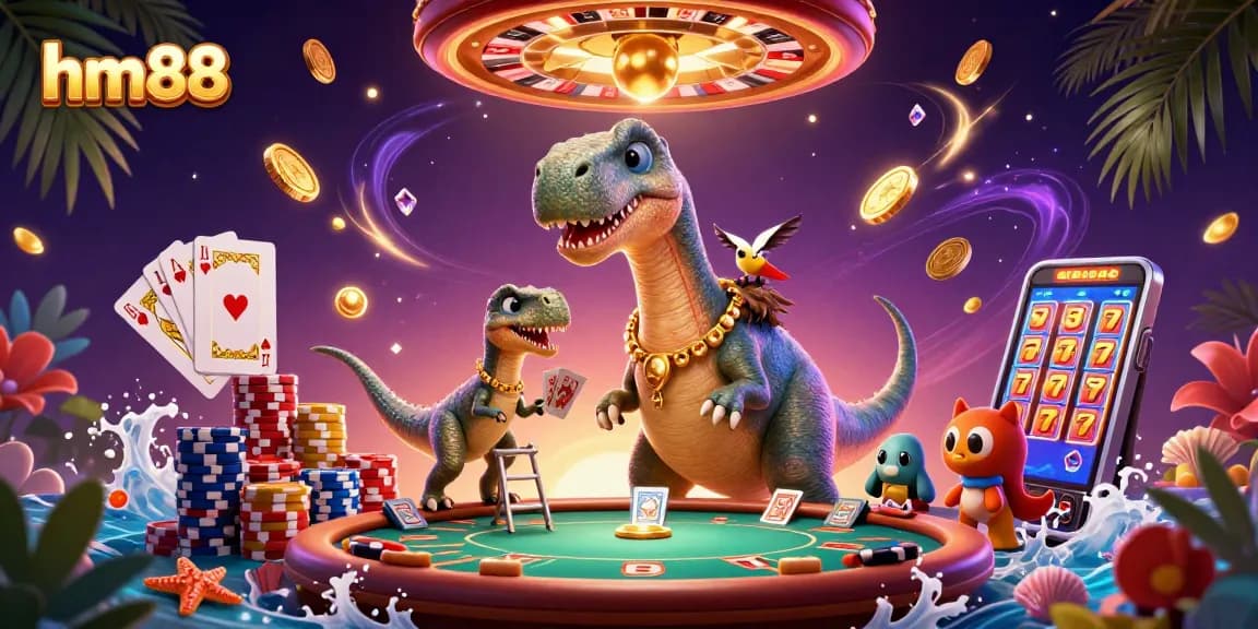 Engage with hm88's vibrant casino art featuring a giant brontosaurus and dynamic gaming elements.