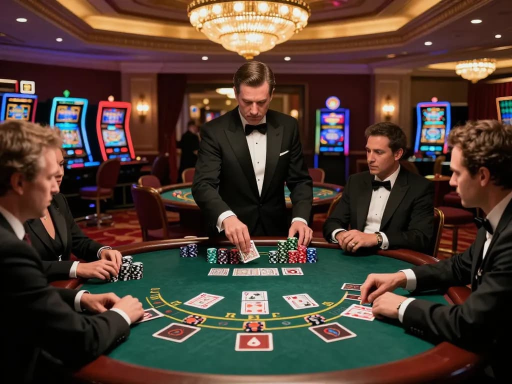 Players engaging in a thrilling blackjack game at 9BET casino with dramatic lighting and atmosphere.