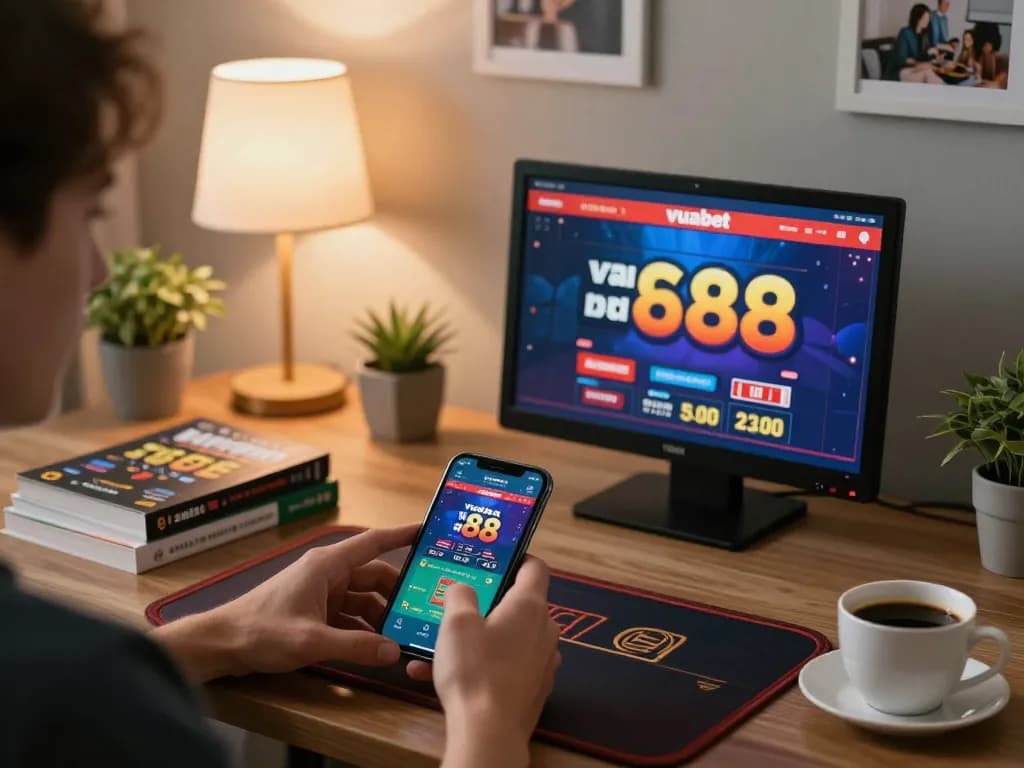 Engaging mobile gaming with vuabet 88 app in a cozy home setting, highlighting strategic betting.