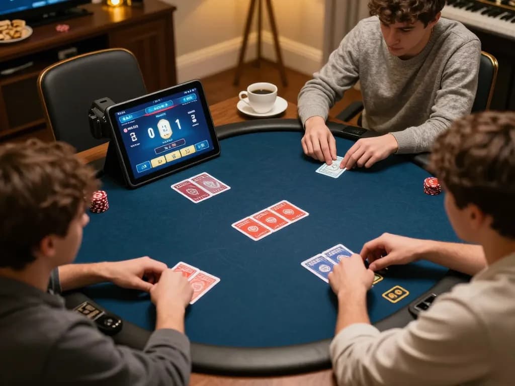 Players strategizing in an online Uk 88 poker game session in a cozy home setting.
