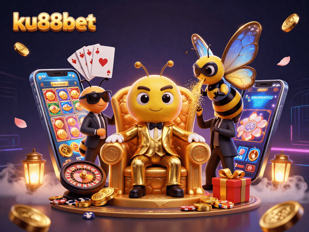Experience thrilling action at ku88bet with an immersive 3D casino scene filled with lively characters and gaming elements.