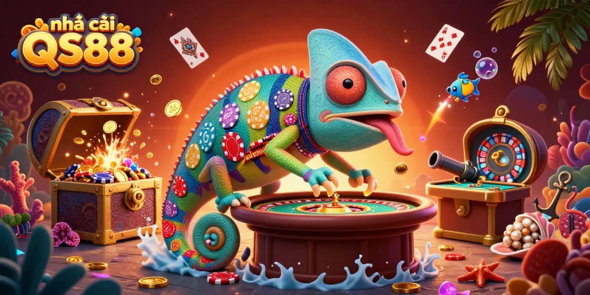 Witness the lively activities at nhà cái QS88 with a vibrant chameleon casino owner capturing golden coins amidst a dynamic gaming scene.
