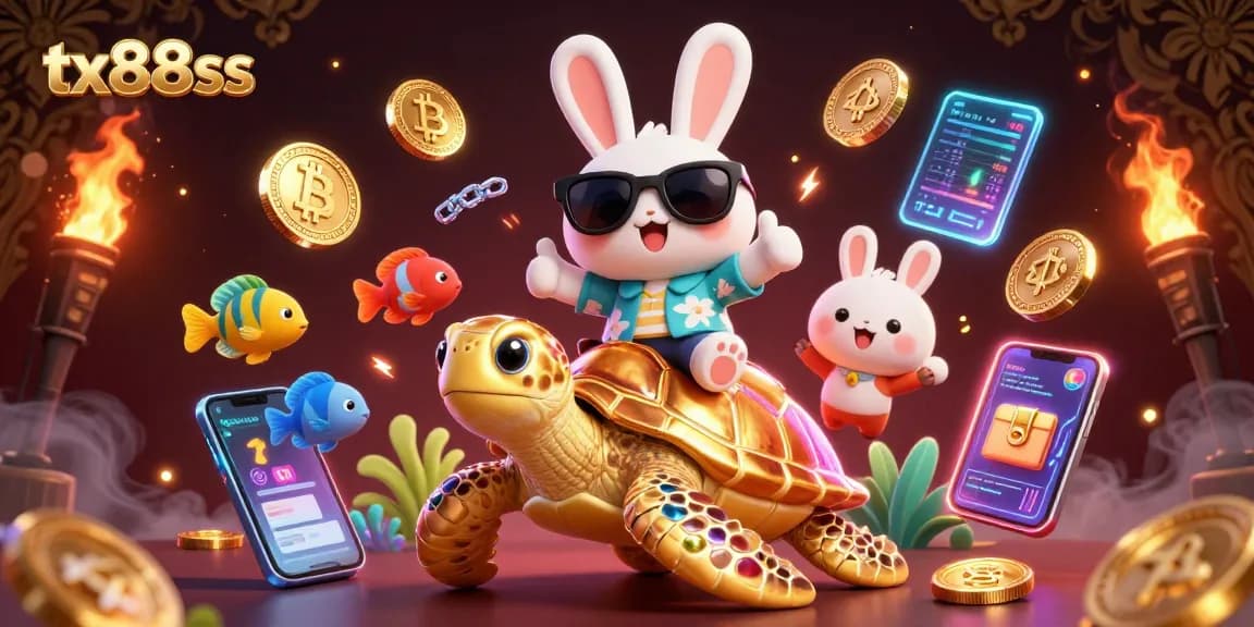 Spin and win big at tx88ss, featuring a lucky rabbit and golden turtle in a vibrant casino setting.
