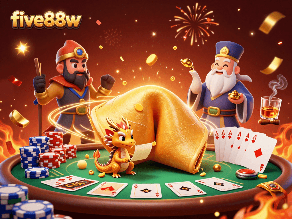 Engage with five88w's thrilling 3D illustration, showcasing dynamic poker elements and enchanting characters.