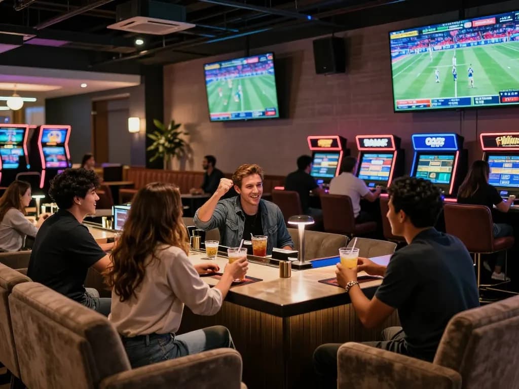Sports betting enthusiasts enjoy the atmosphere while placing bets on keonhacai events in a stylish lounge.