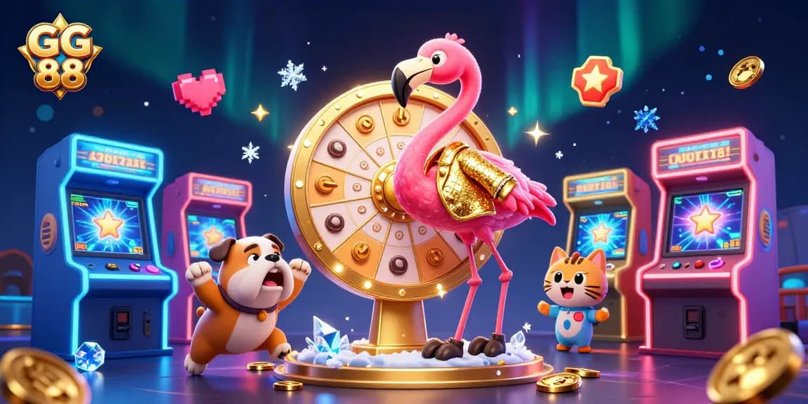 Engage with GG 88 as a game show host flamingo spins a golden prize wheel amid vibrant casino elements.