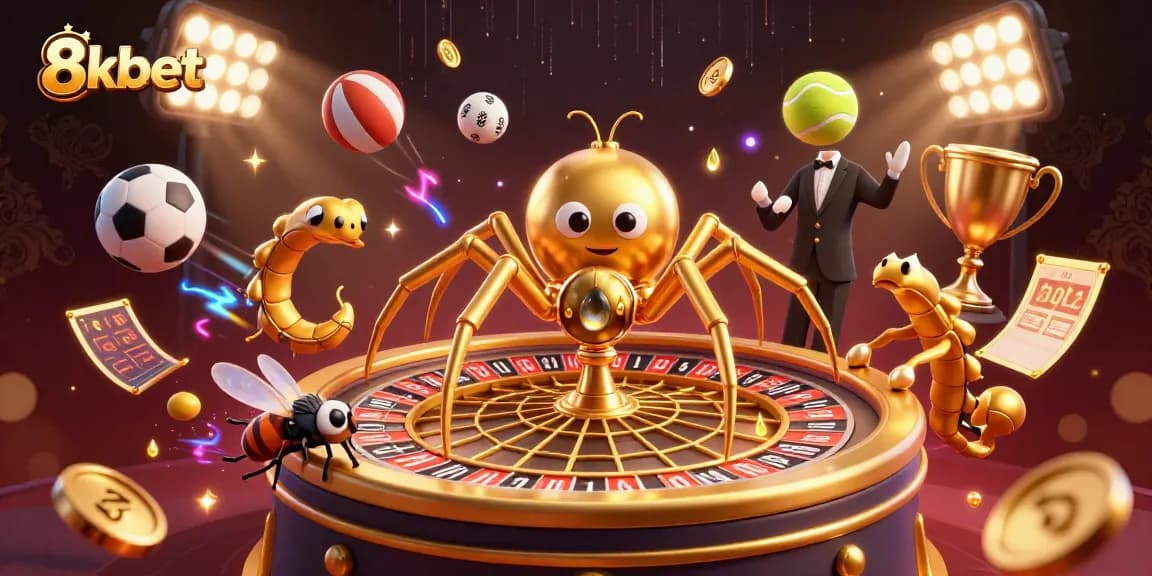 Engage with game strategies at 8kbet with a vibrant 3D casino scene featuring a golden spider and dynamic sports elements.