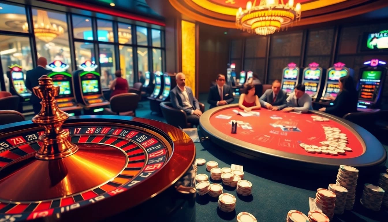 NoHu gamblers excitedly placing bets at a luxurious poker table as a roulette wheel spins in the background.