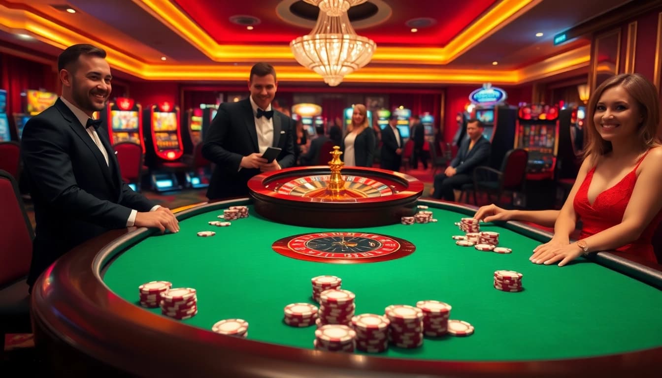 Engage with high-stakes poker at https://good888.it.com/, featuring a luxurious casino table and vibrant roulette wheel.