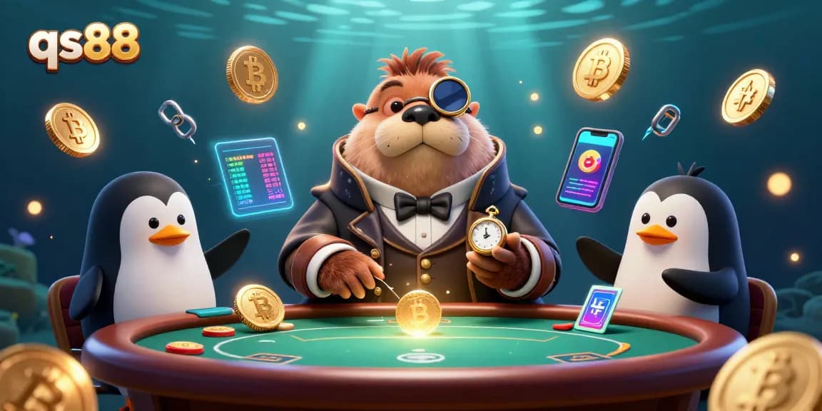 Experience immersive gaming at qs88 with a cartoon walrus and vibrant casino elements.