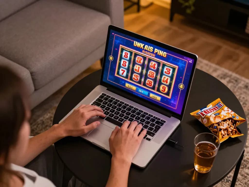 Engaging online gaming session featuring Uk 88 slot machine interface and cozy home environment