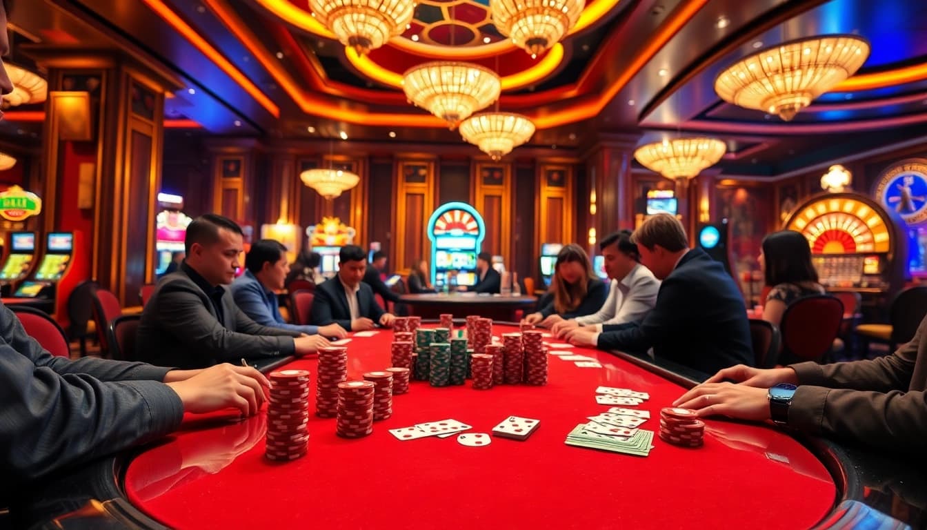 Intense game bài action at a casino with players focused on winning strategies.