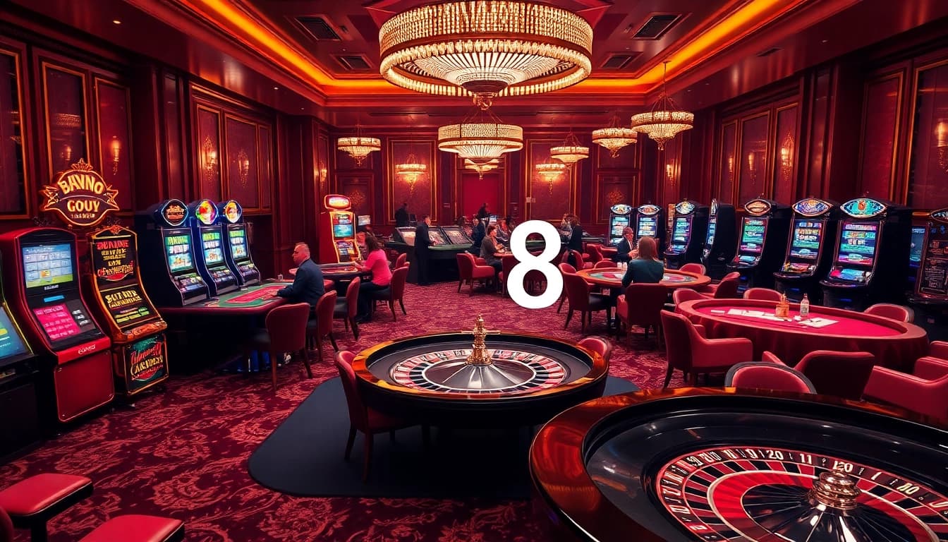 Players engaging in high-stakes gambling at Go8 casino tables with vibrant lights and thrilling atmosphere.
