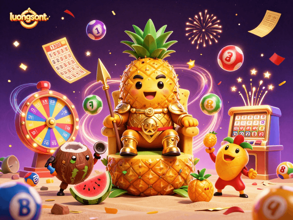 Experience excitement with luongsontv by joining the golden pineapple king in a vibrant casino scene.